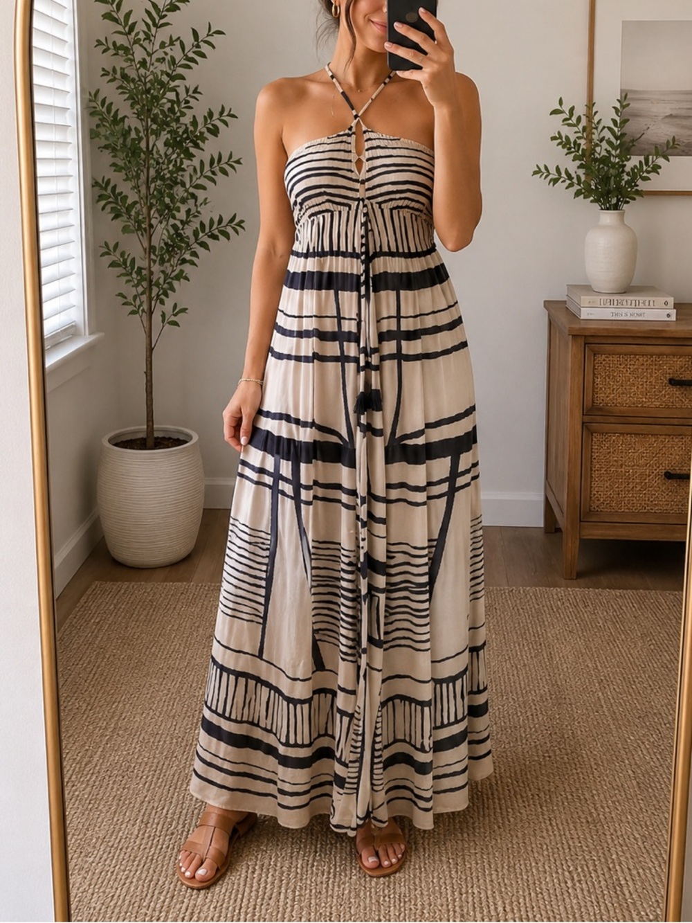 Club Monaco Black and White Striped Halter Maxi Dress